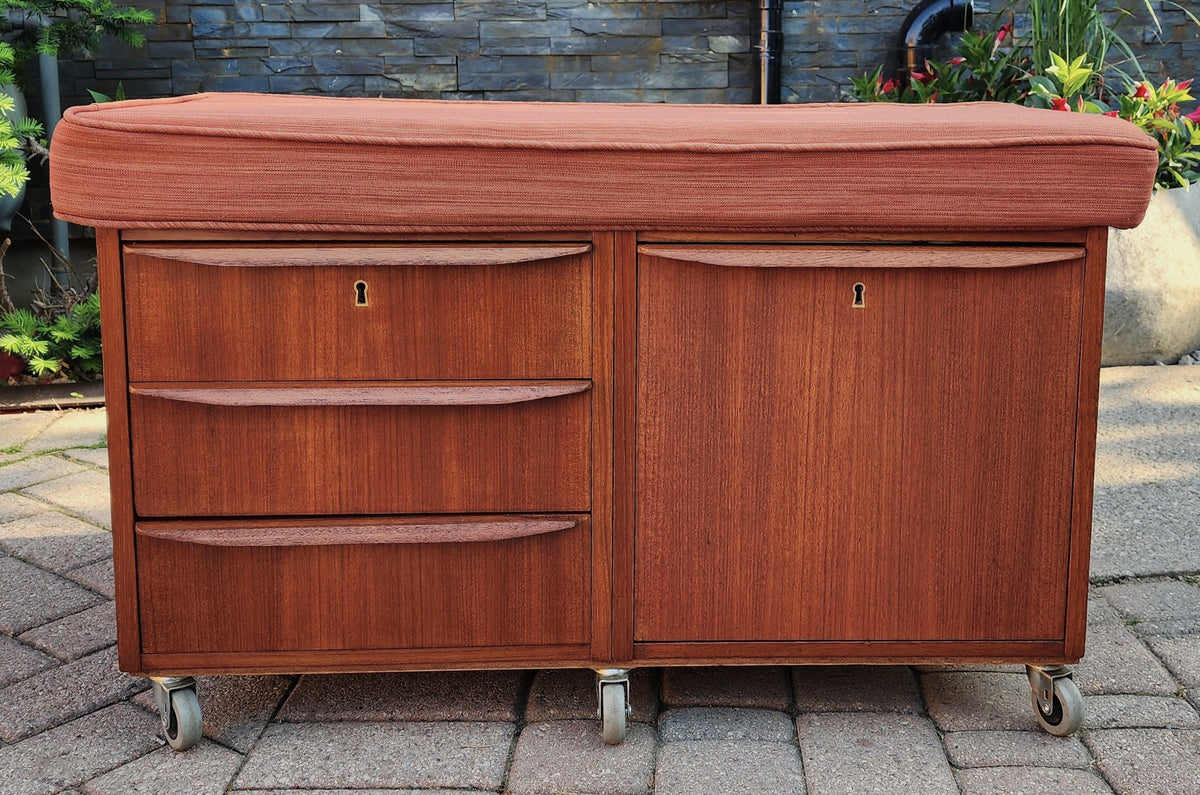 REFINISHED Danish MCM Teak Storage Bench w Drawers & Wheels, will get NEW Cushion