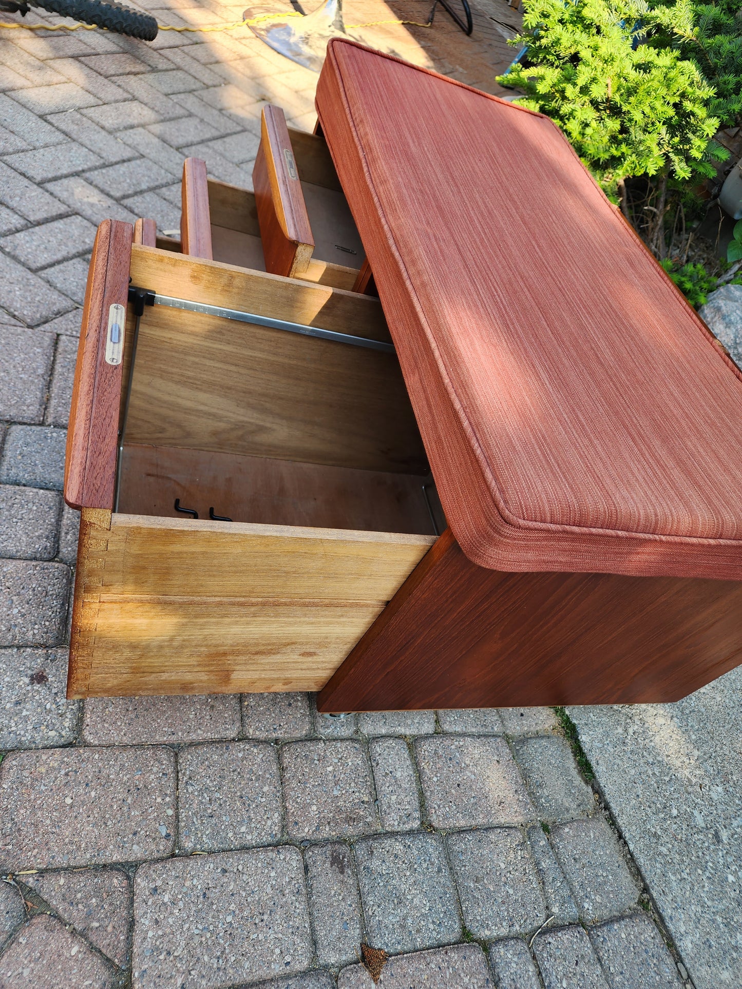 REFINISHED Danish MCM Teak Storage Bench w Drawers & Wheels, will get NEW Cushion