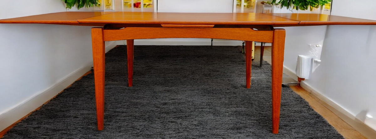 REFINISHED Danish Mid Century Modern Teak Floating Draw Leaf Dining Table 52