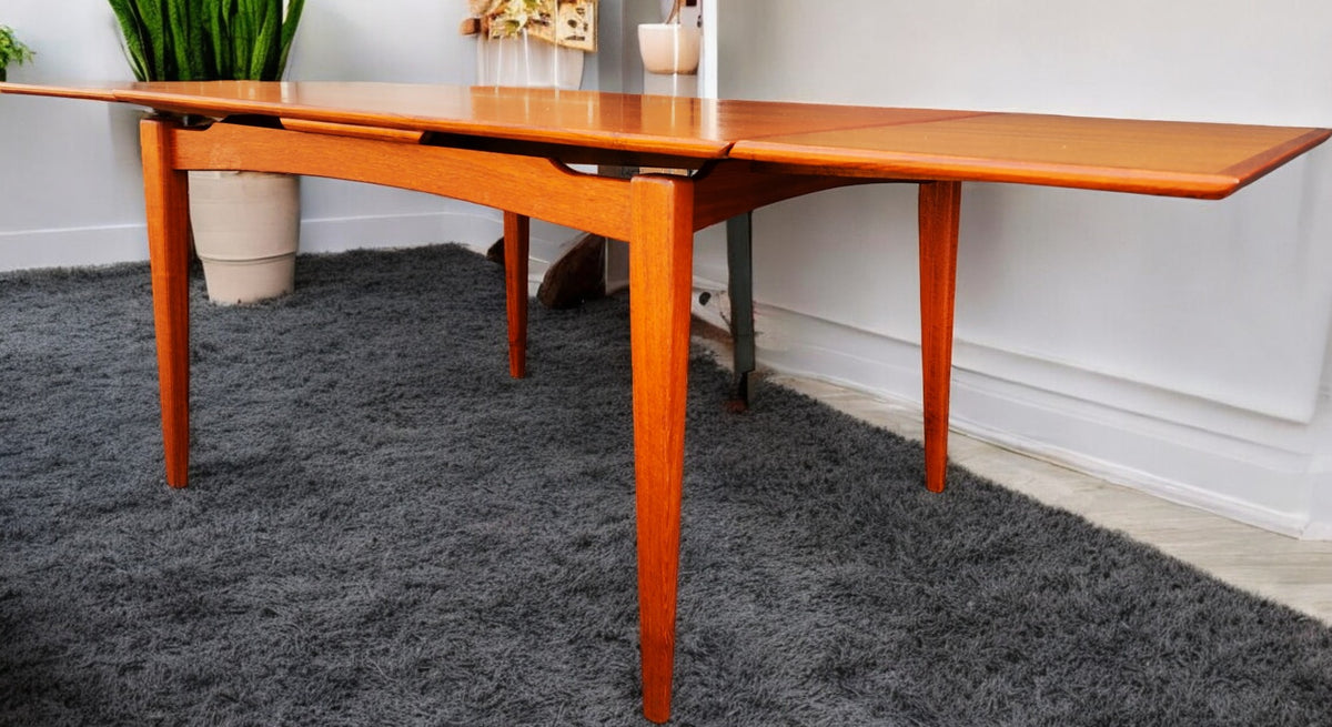 REFINISHED Danish Mid Century Modern Teak Floating Draw Leaf Dining Table 52