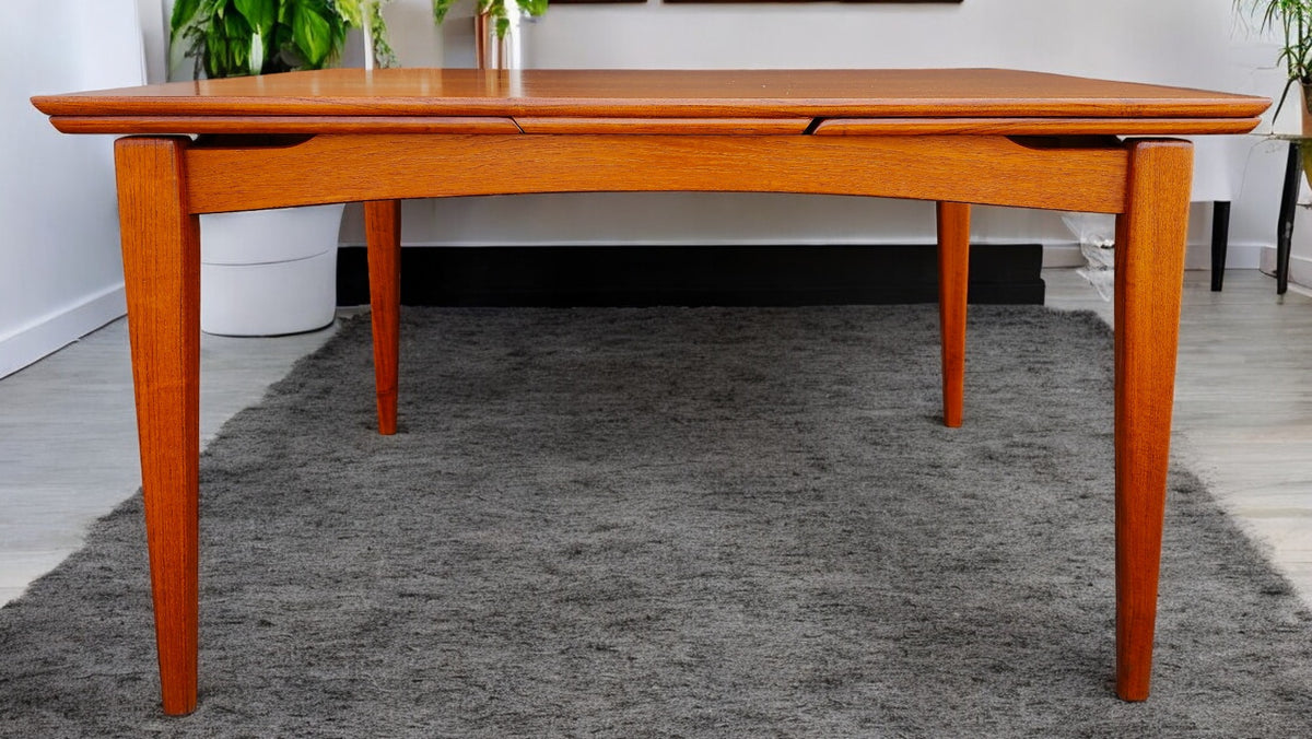 REFINISHED Danish Mid Century Modern Teak Floating Draw Leaf Dining Table 52