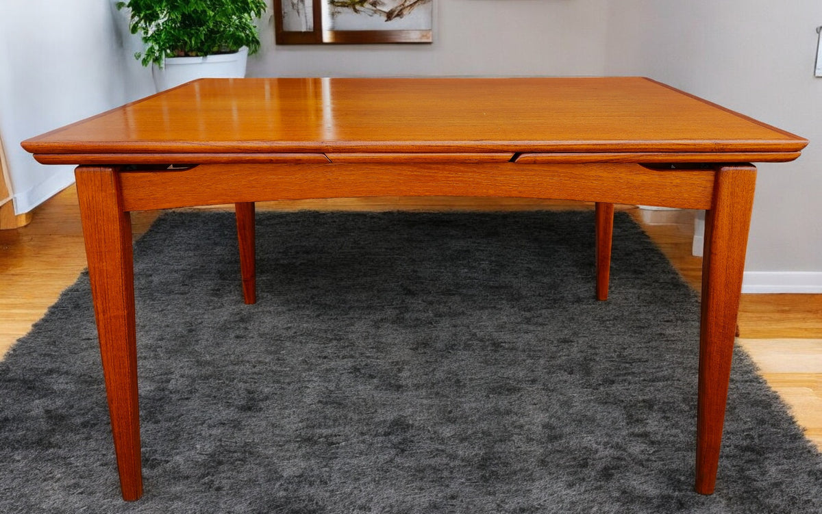 REFINISHED Danish Mid Century Modern Teak Floating Draw Leaf Dining Table 52