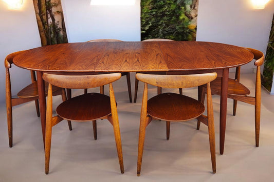 RESTORED Mid Century Modern teak "Heart" set of expansion table & 6 chairs by Hans J Wegner
