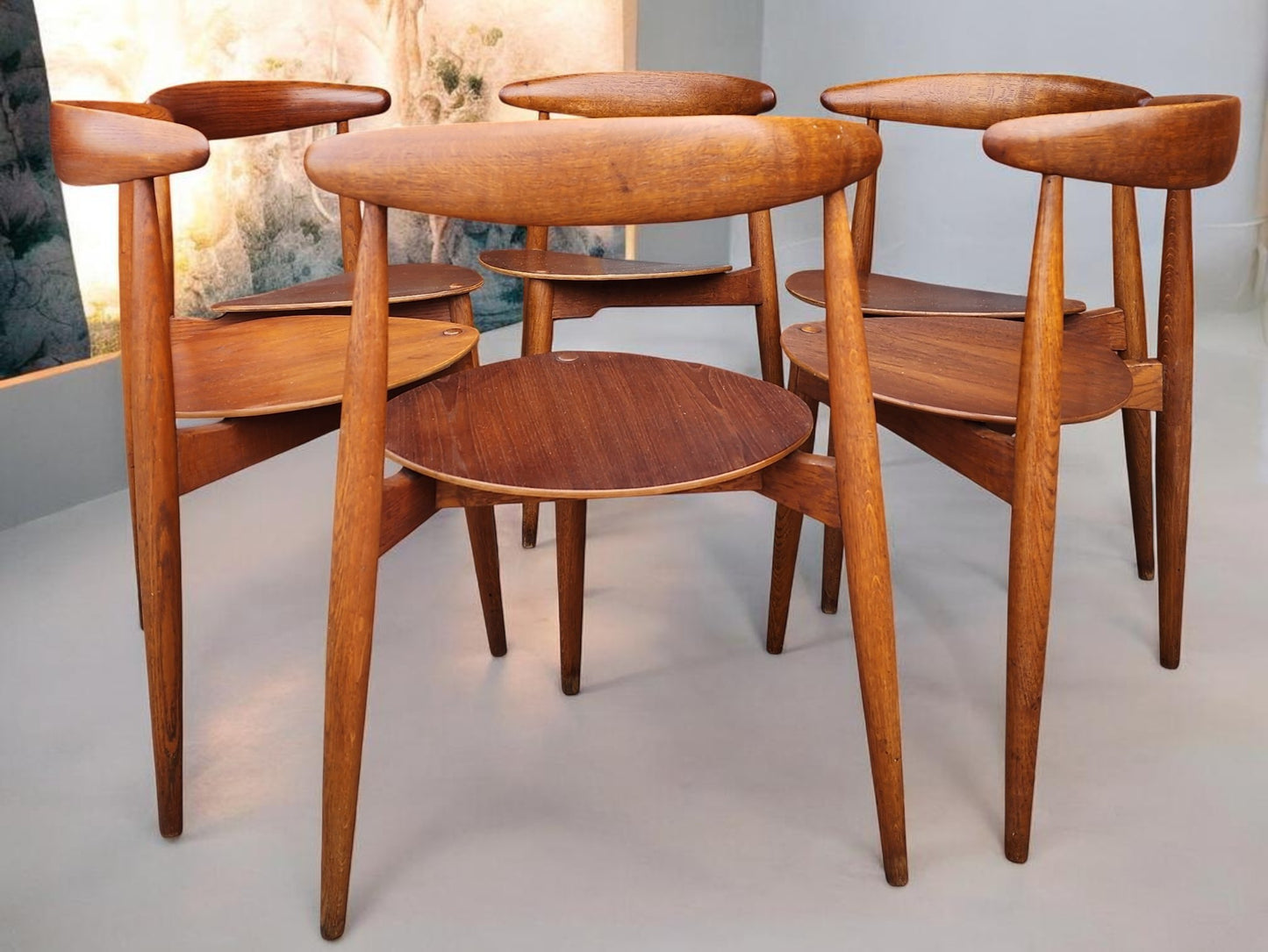 RESTORED Mid Century Modern teak "Heart" set of expansion table & 6 chairs by Hans J Wegner