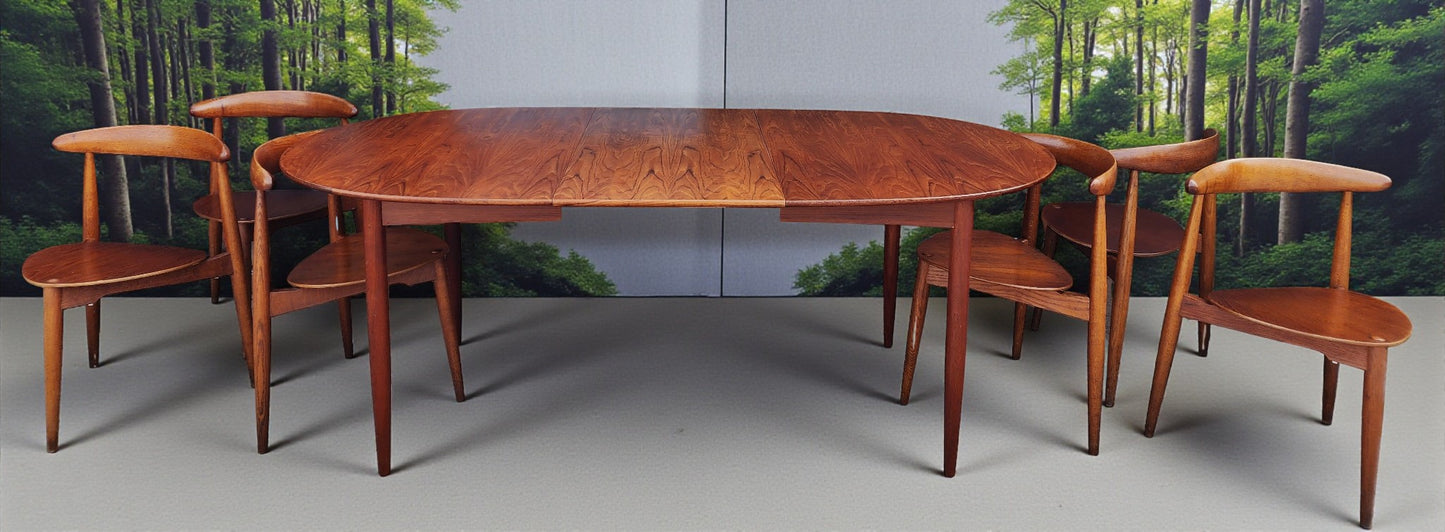 RESTORED Mid Century Modern teak "Heart" set of expansion table & 6 chairs by Hans J Wegner