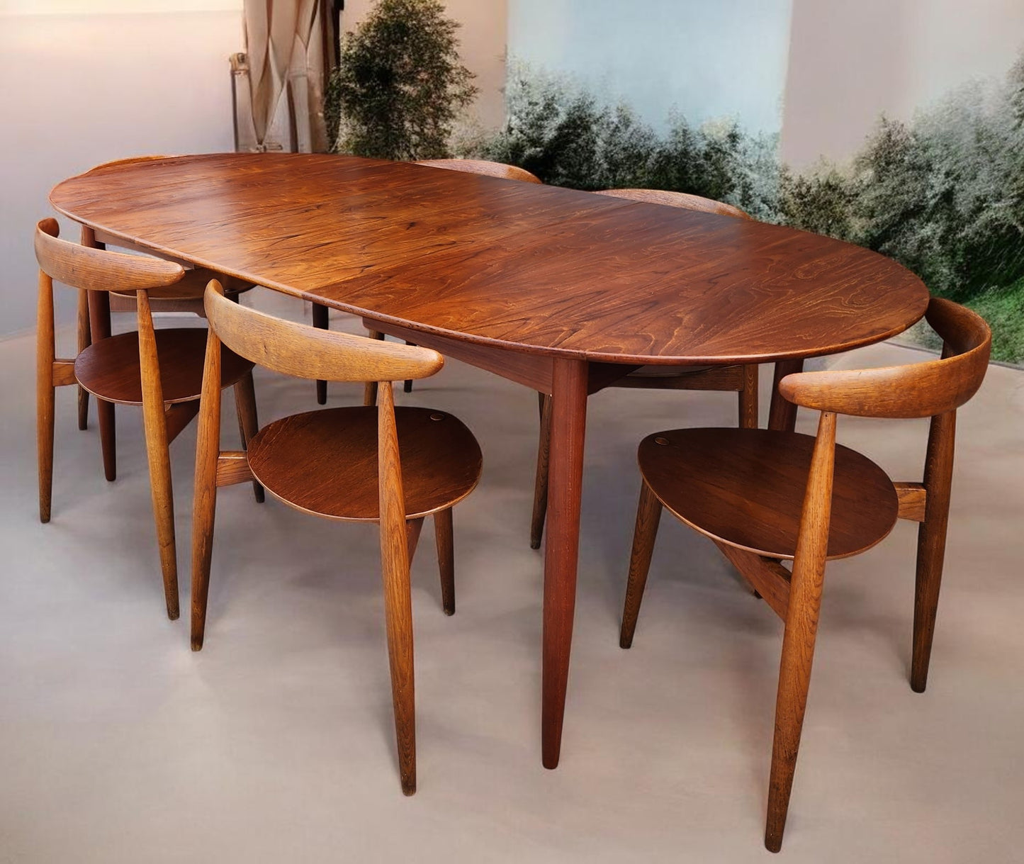 RESTORED Mid Century Modern teak "Heart" set of expansion table & 6 chairs by Hans J Wegner