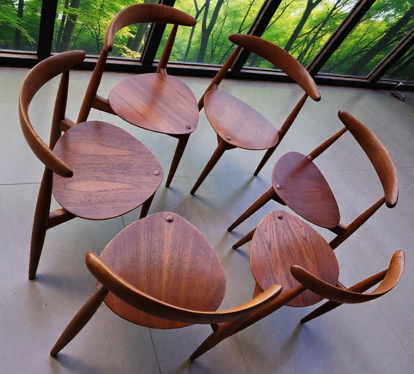 RESTORED Mid Century Modern teak "Heart" set of expansion table & 6 chairs by Hans J Wegner