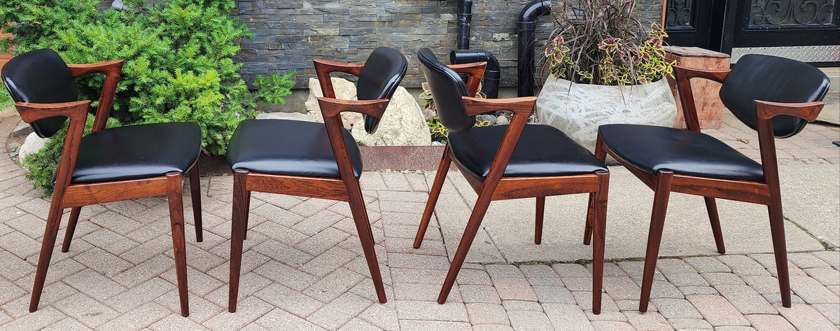 4 Danish Mid Century Modern Rosewood & Leather Chairs by Kai Kristiansen, Model 42