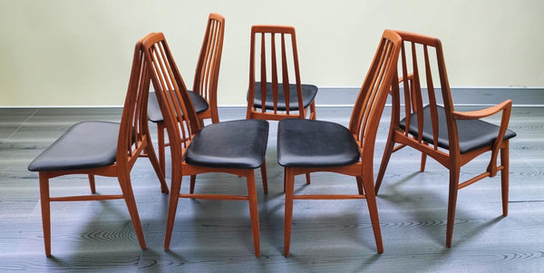 6 REFINISHED Danish Mid Century Modern Teak Chairs by Niels Koefoed, model Eva