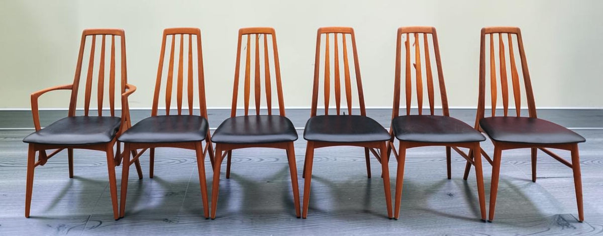 6 REFINISHED Danish Mid Century Modern Teak Chairs by Niels Koefoed, model Eva