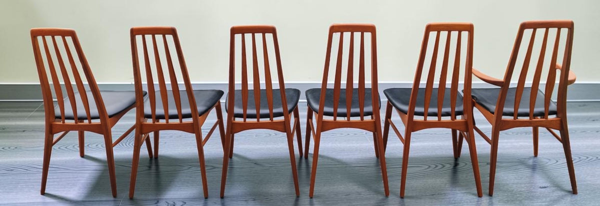 6 REFINISHED Danish Mid Century Modern Teak Chairs by Niels Koefoed, model Eva