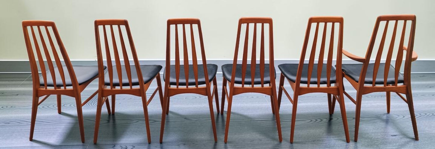 6 REFINISHED Danish Mid Century Modern Teak Chairs by Niels Koefoed, model Eva