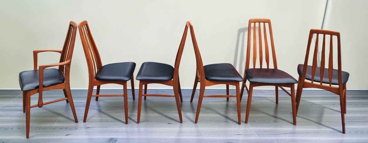 6 REFINISHED Danish Mid Century Modern Teak Chairs by Niels Koefoed, model Eva