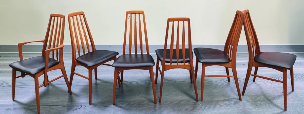 6 REFINISHED Danish Mid Century Modern Teak Chairs by Niels Koefoed, model Eva