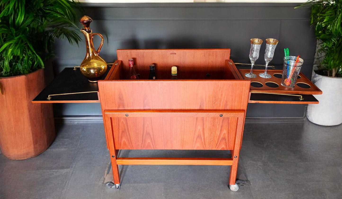 REFINISHED Danish Mid Century Modern Teak Folding Bar Cabinet by A.Hansen
