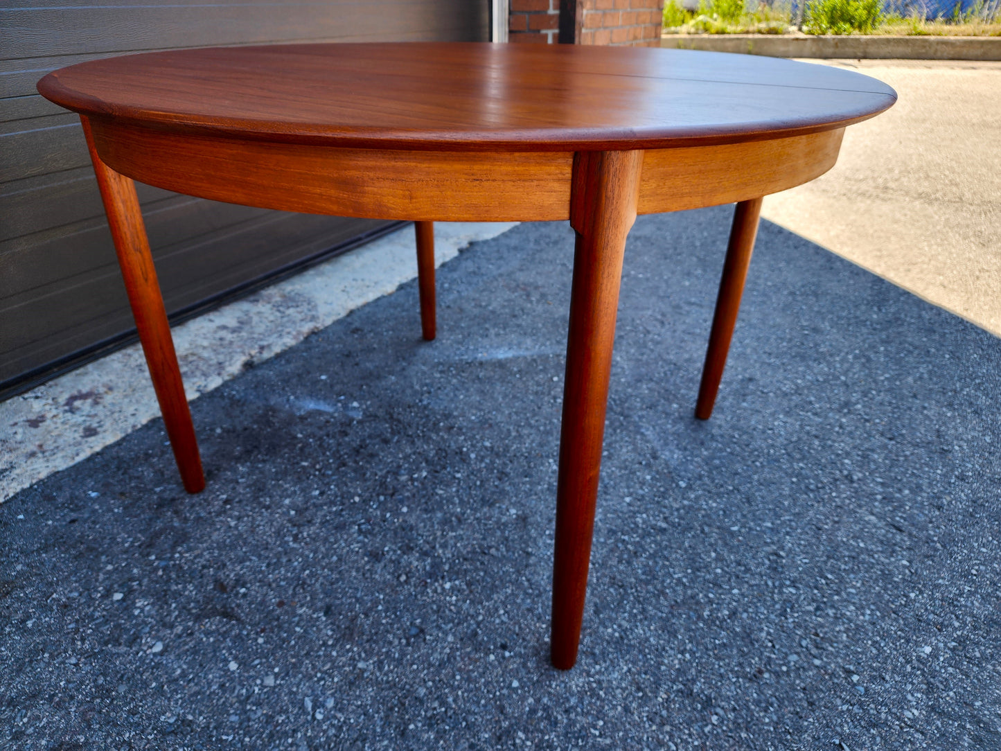 REFINISHED Danish MCM Teak Table Round w 2 leaves by C.J. Rosengaarden 47"-86.5"