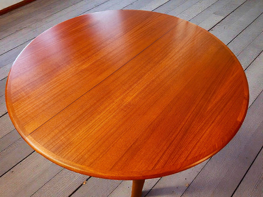 REFINISHED Danish MCM Teak Table Round w 2 Leaves by C.J. Rosengaarden 47"-86.5"