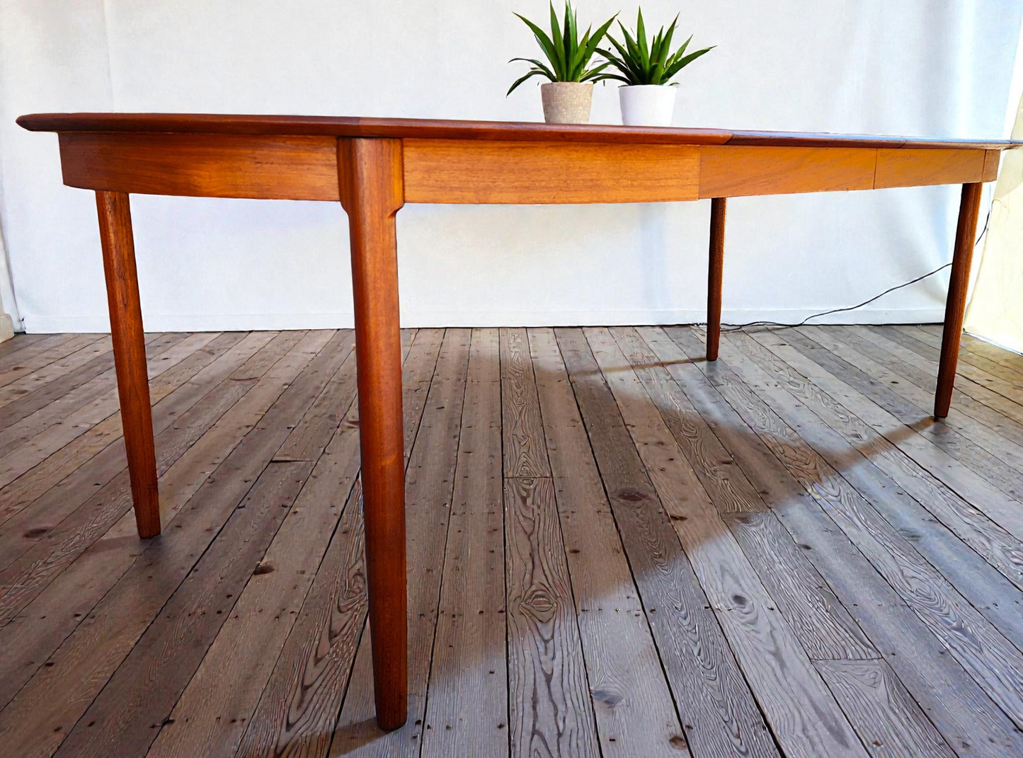 REFINISHED Danish MCM Teak Table Round w 2 Leaves by C.J. Rosengaarden 47"-86.5"