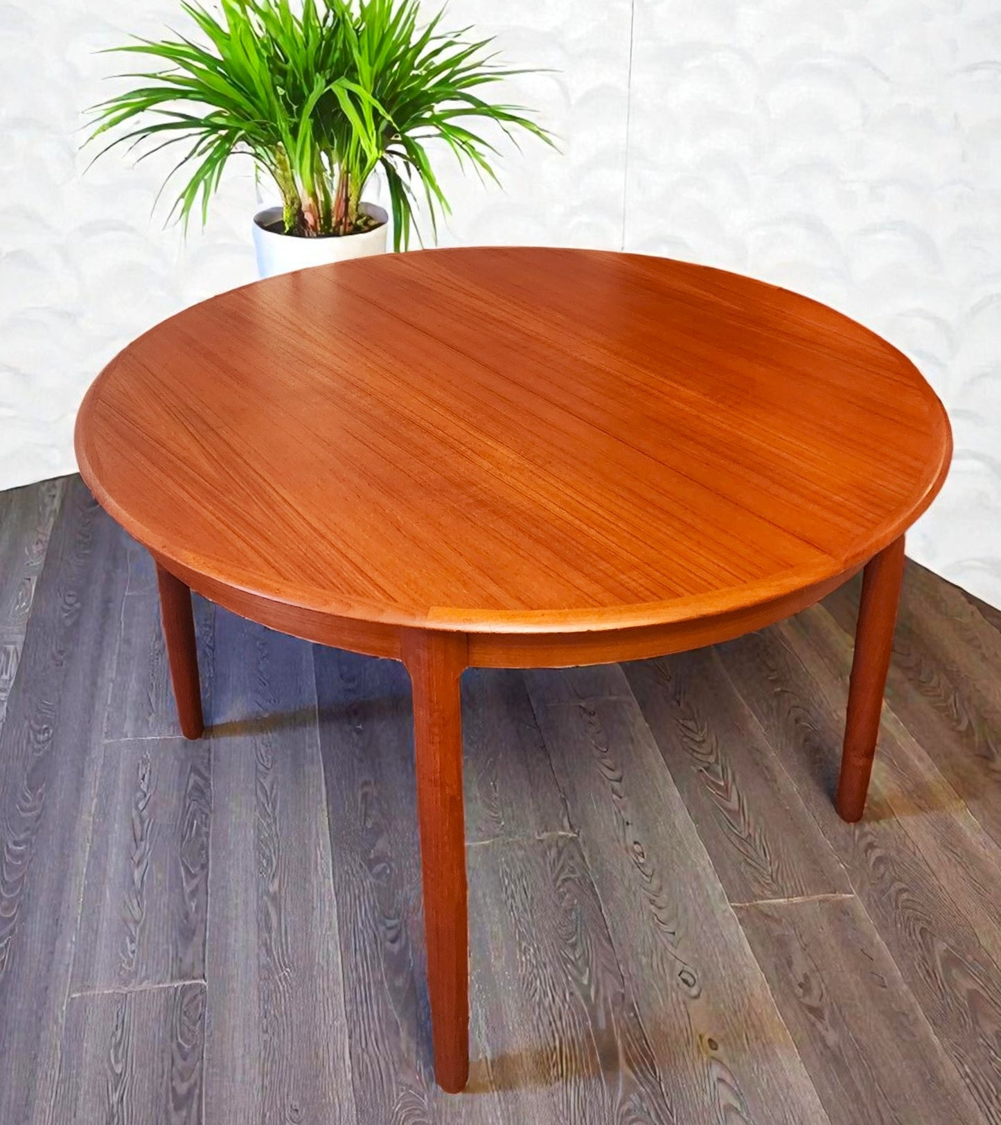REFINISHED Danish MCM Teak Table Round w 2 Leaves by C.J. Rosengaarden 47"-86.5"