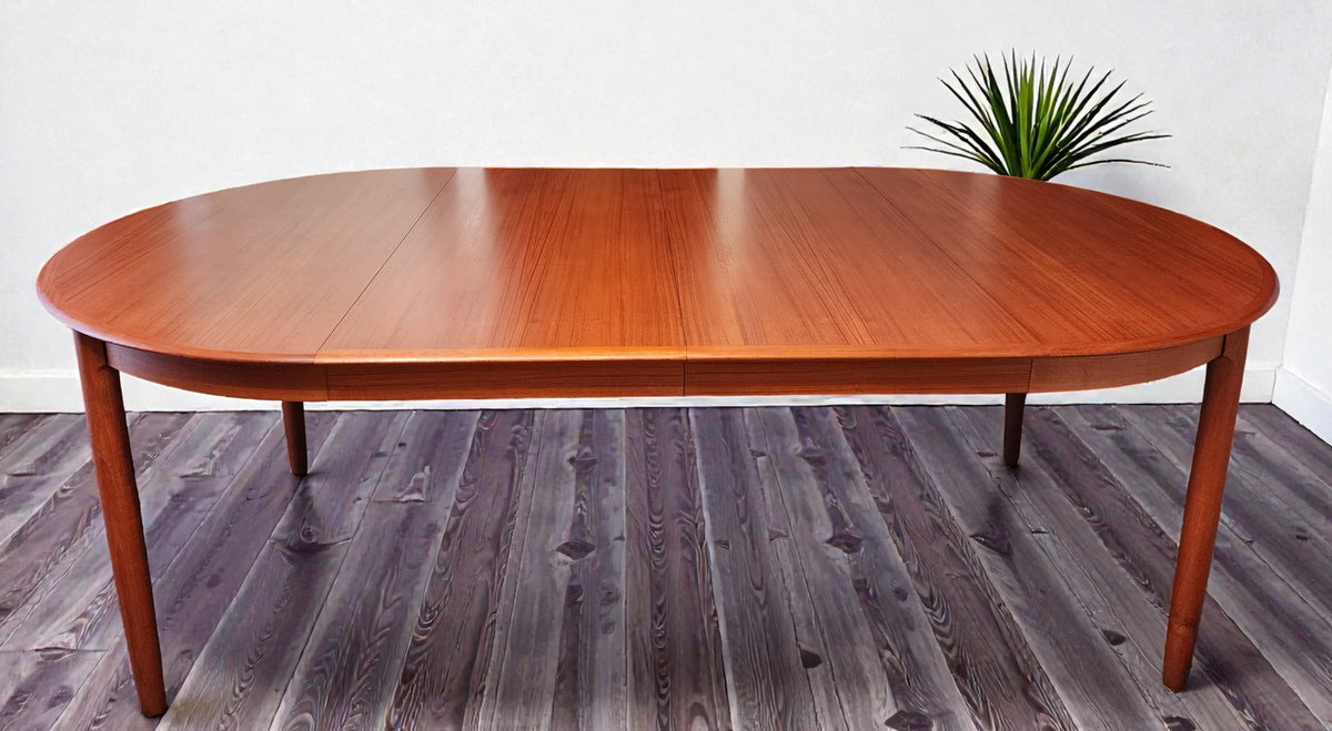 REFINISHED Danish MCM Teak Table Round w 2 Leaves by C.J. Rosengaarden 47