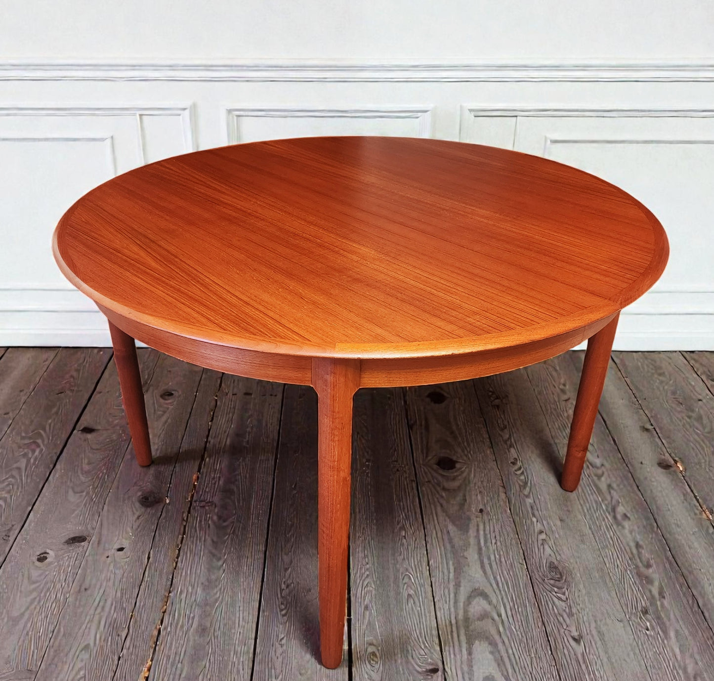 REFINISHED Danish MCM Teak Table Round w 2 Leaves by C.J. Rosengaarden 47"-86.5"