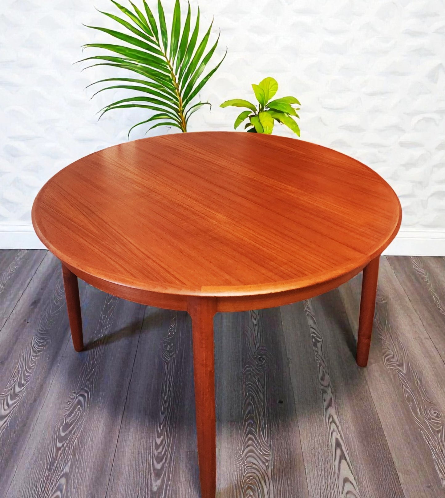REFINISHED Danish MCM Teak Table Round w 2 Leaves by C.J. Rosengaarden 47"-86.5"