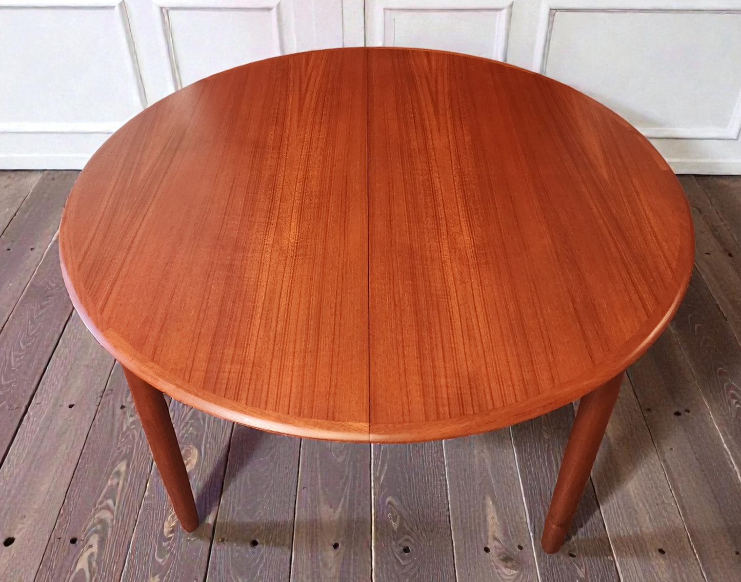 REFINISHED Danish MCM Teak Table Round w 2 Leaves by C.J. Rosengaarden 47"-86.5"