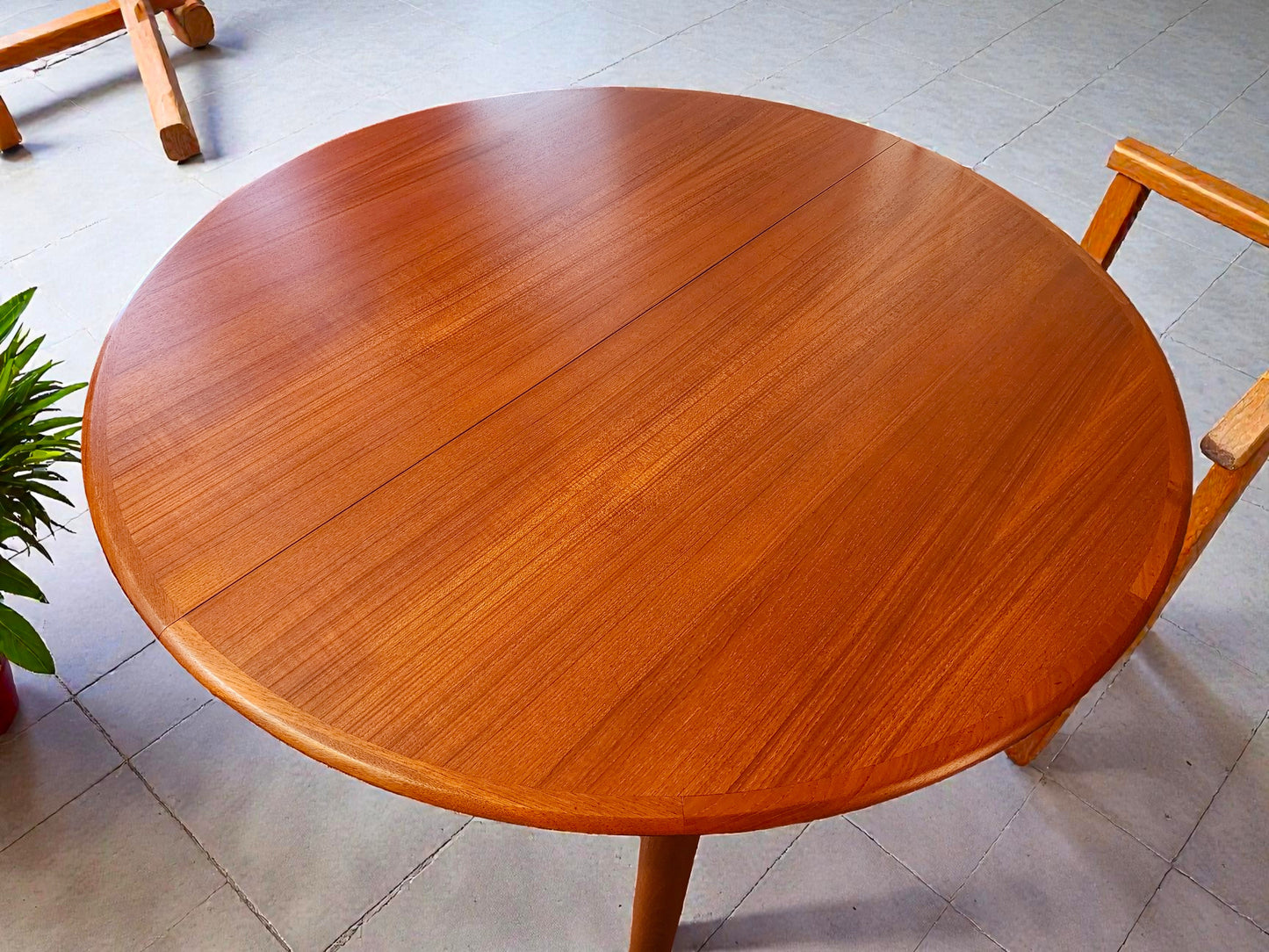 REFINISHED Danish MCM Teak Table Round w 2 Leaves by C.J. Rosengaarden 47"-86.5"