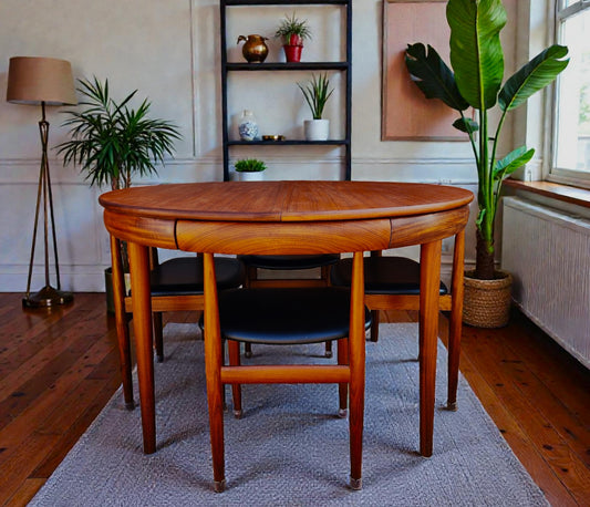 REFINISHED Danish MCM ROUNDETTE Teak Table & 4 Chairs (4-legged) by Hans Olsen
