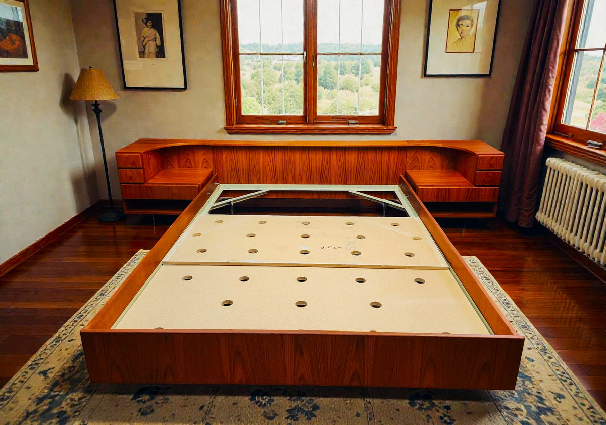 REFINISHED Danish MCM Floating Teak Bed  Queen & Dresser by Komfort