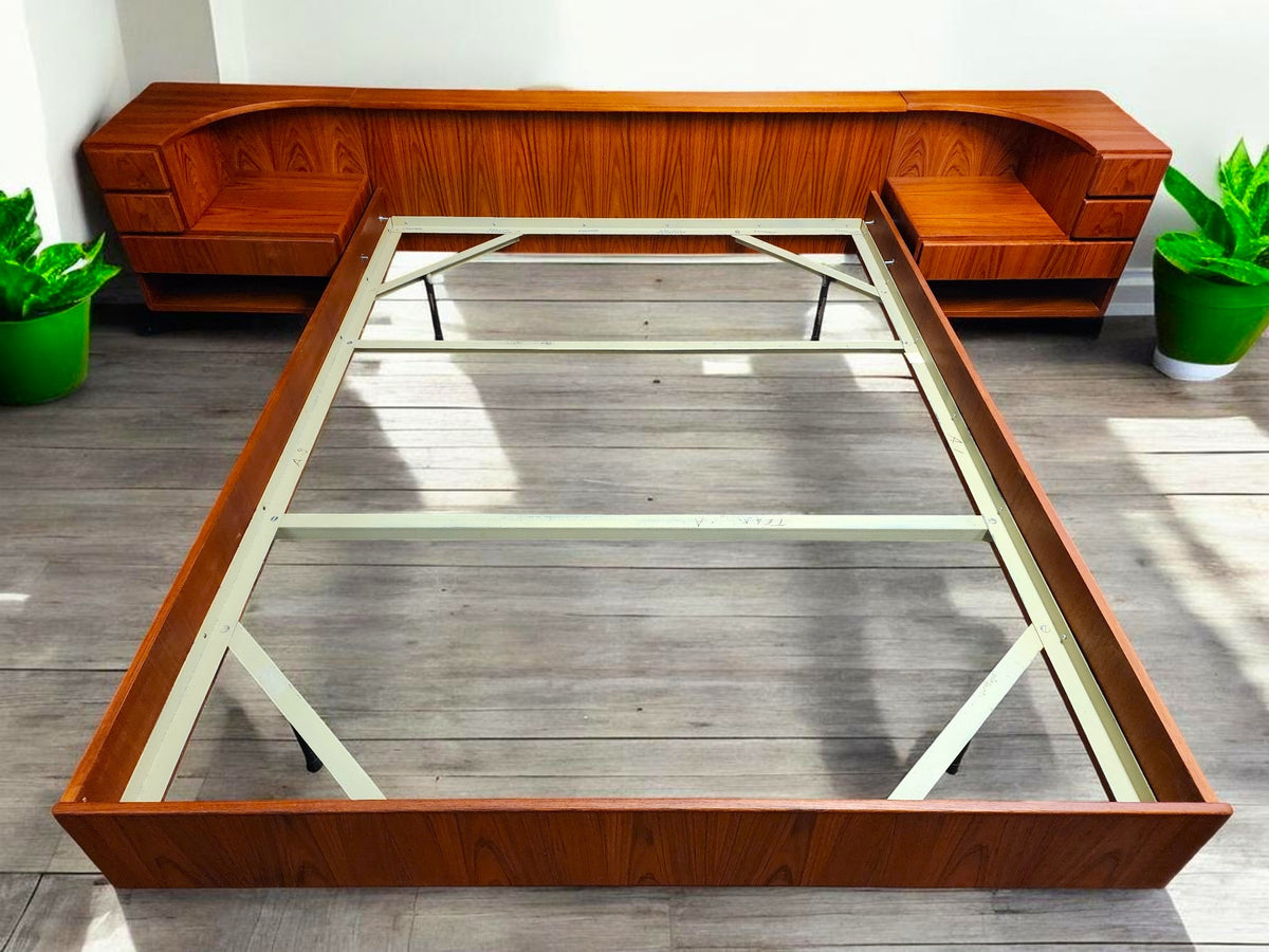 REFINISHED Danish MCM Floating Teak Bed  Queen & Dresser by Komfort