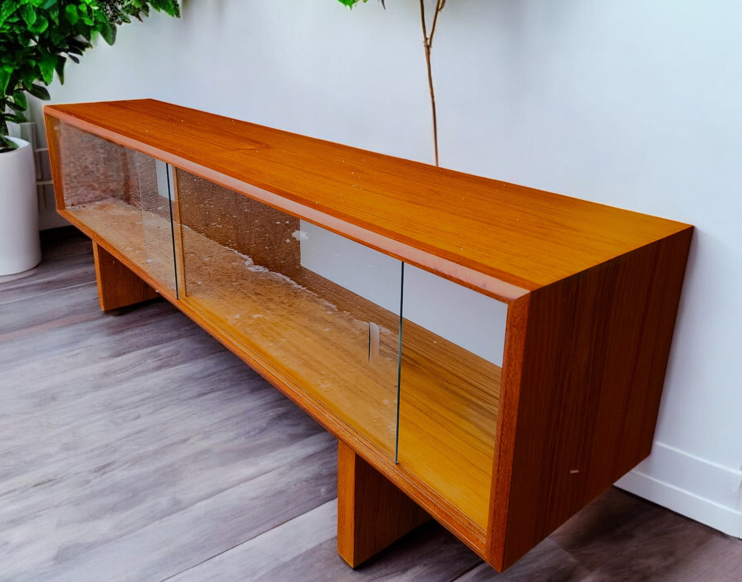 REFINISHED Mid Century Modern Teak Bookcase Display Console 5 ft Low