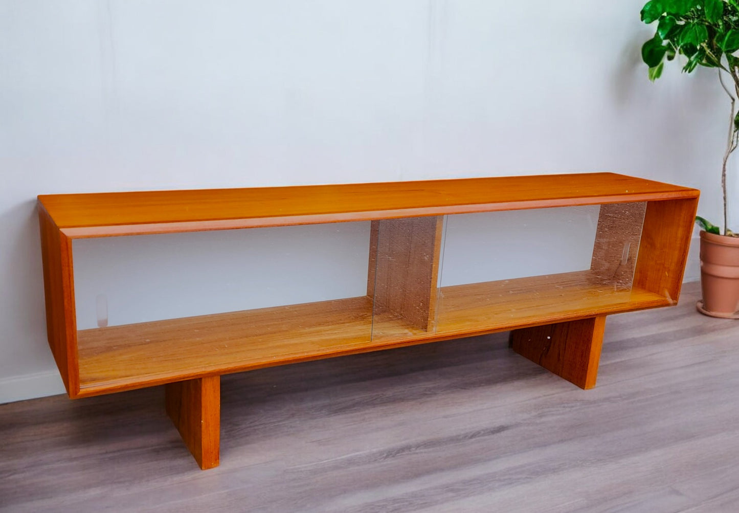 REFINISHED Mid Century Modern Teak Bookcase Display Console 5 ft Low