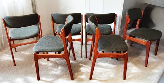 6 RESTORED REUPHOLSTERED Danish MCM teak chairs by Erik Buch #49