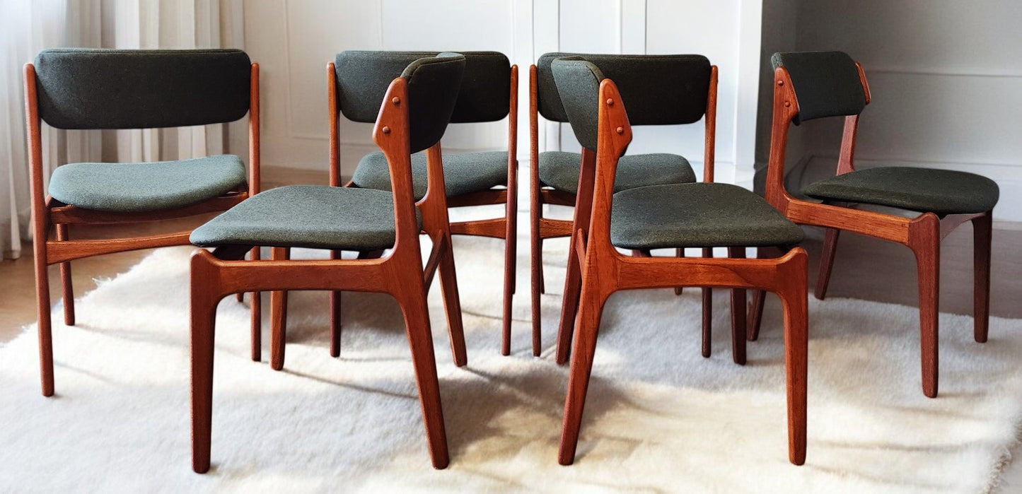 6 RESTORED REUPHOLSTERED Danish MCM teak chairs by Erik Buch #49