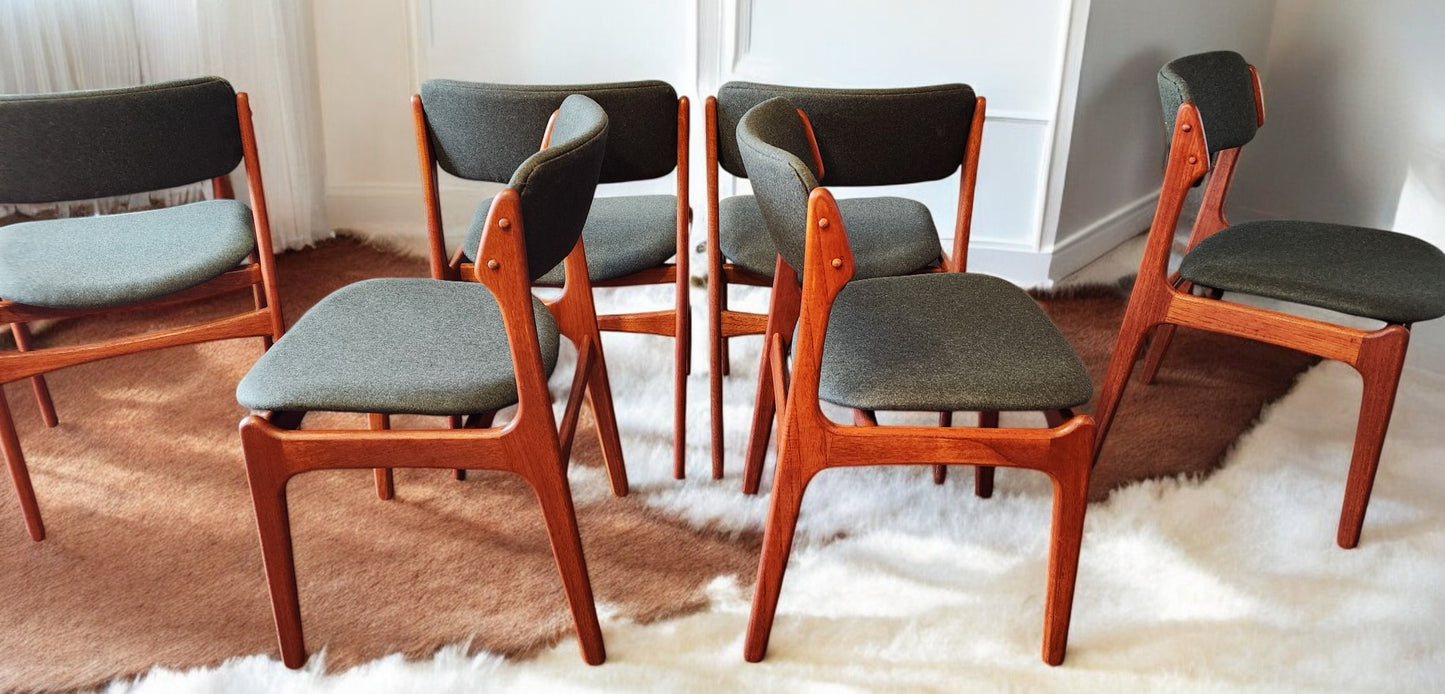 6 RESTORED REUPHOLSTERED Danish MCM teak chairs by Erik Buch #49