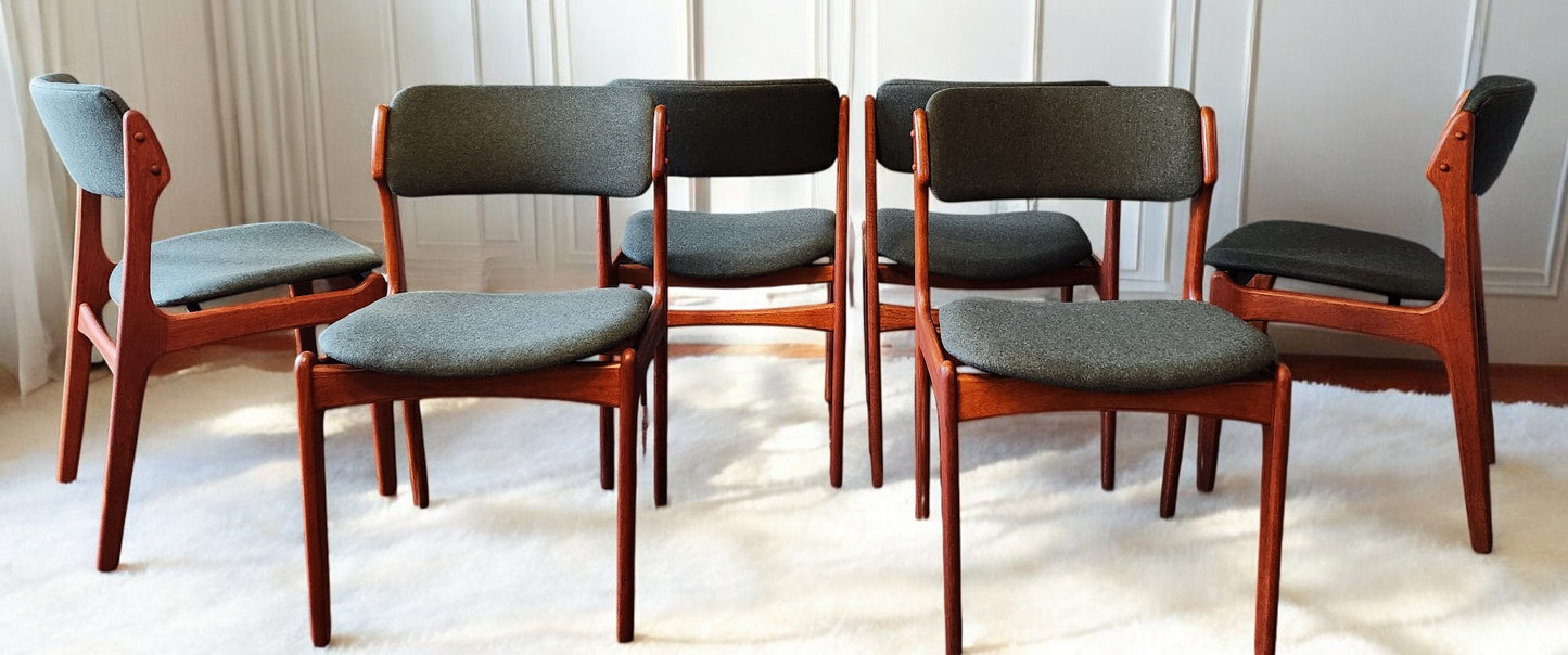 6 RESTORED REUPHOLSTERED Danish MCM teak chairs by Erik Buch #49