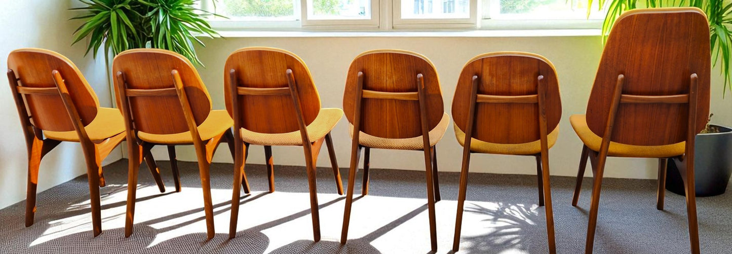 6 RESTORED Danish MCM Teak Shield Back Chairs by A. H. Olsen, will be REUPHOLSTERED
