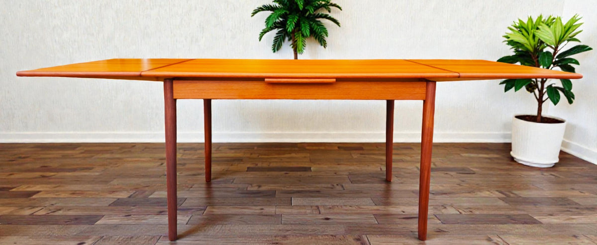 REFINISHED Danish Mid Century Modern Teak Draw Leaf Table 48