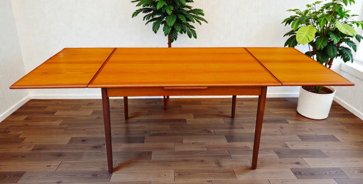 REFINISHED Danish Mid Century Modern Teak Draw Leaf Table 48