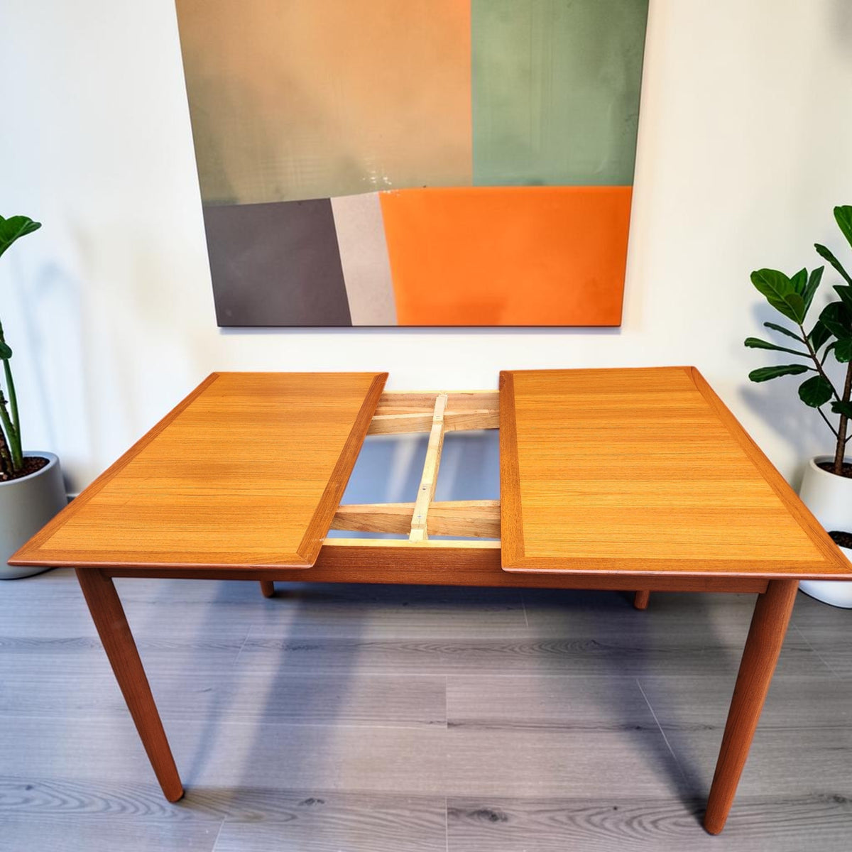 REFINISHED Danish Mid Century Modern Teak Draw Leaf Table 53.5