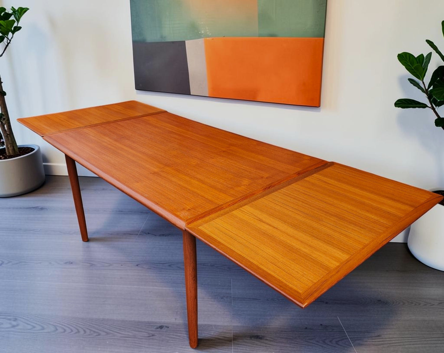 REFINISHED Danish Mid Century Modern Teak Draw Leaf Table 53.5" - 91.5"