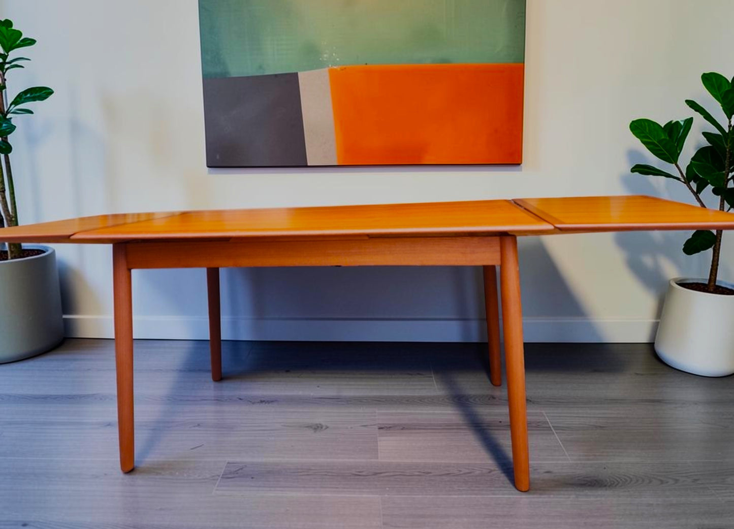 REFINISHED Danish Mid Century Modern Teak Draw Leaf Table 53.5" - 91.5"