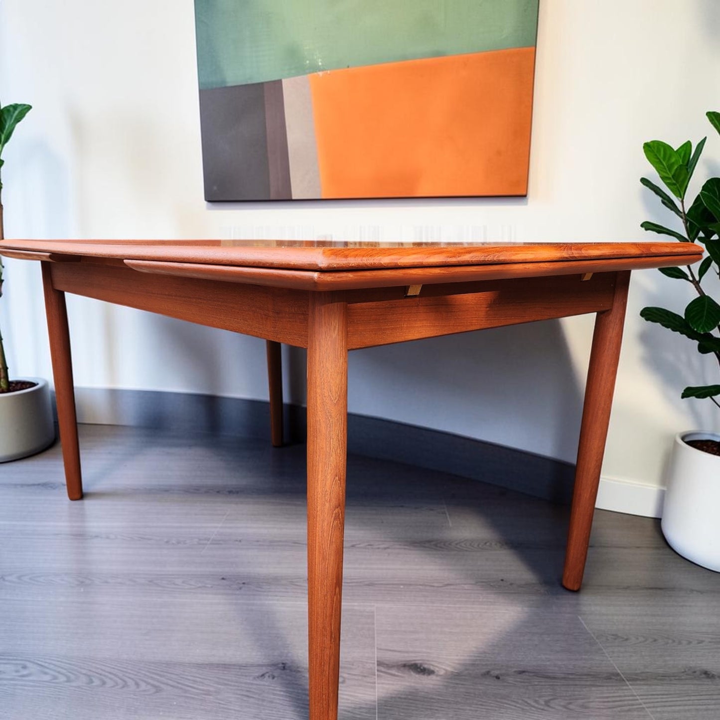 REFINISHED Danish Mid Century Modern Teak Draw Leaf Table 53.5" - 91.5"