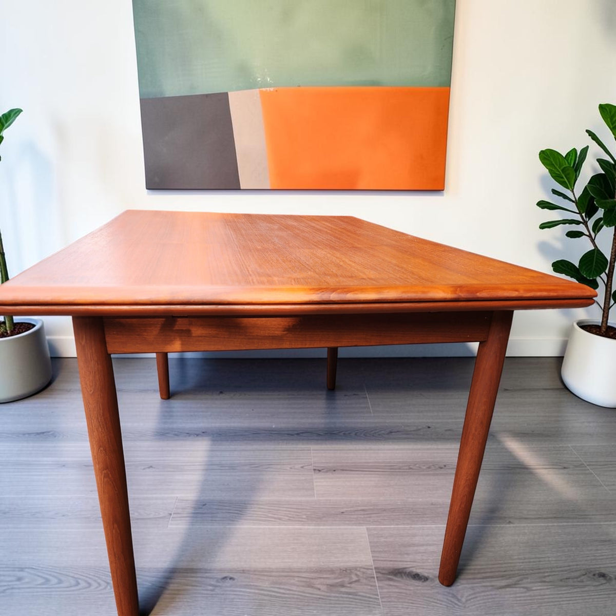 REFINISHED Danish Mid Century Modern Teak Draw Leaf Table 53.5