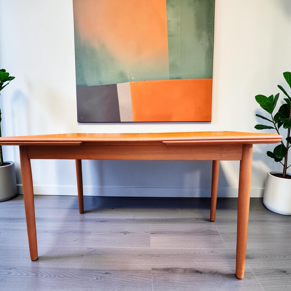 REFINISHED Danish Mid Century Modern Teak Draw Leaf Table 53.5
