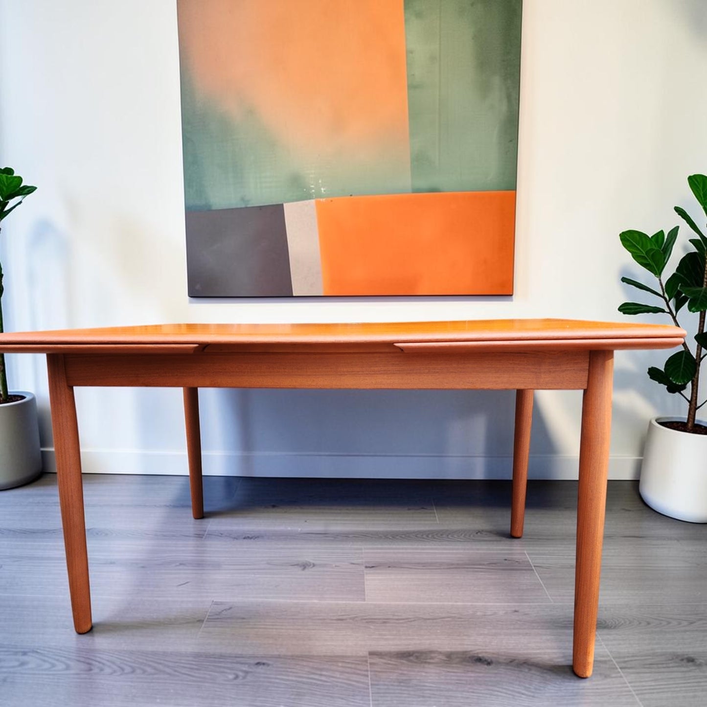 REFINISHED Danish Mid Century Modern Teak Draw Leaf Table 53.5" - 91.5"