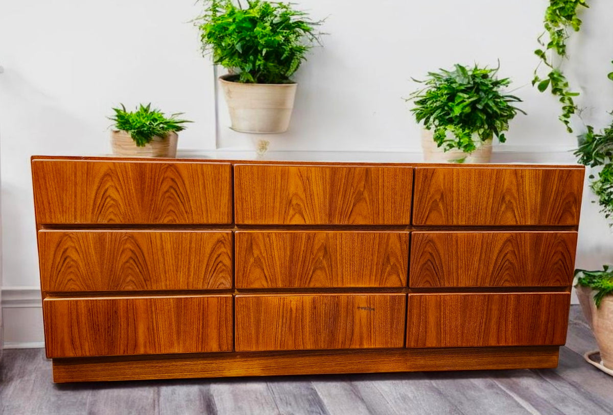 REFINISHED Danish MCM Floating Teak Bed  Queen & Dresser by Komfort