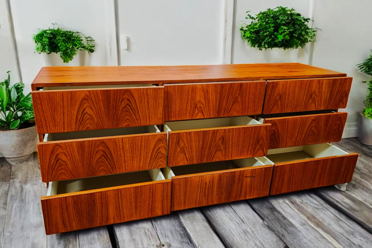 REFINISHED Danish MCM Floating Teak Bed  Queen & Dresser by Komfort