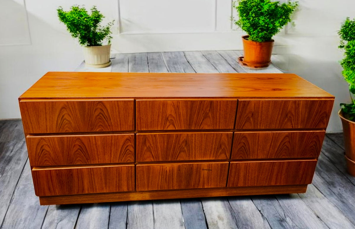 REFINISHED Danish MCM Floating Teak Bed  Queen & Dresser by Komfort